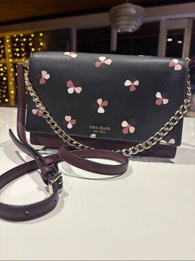 Kate Spade Black Floral Crossbody Black/Burgundy with Gold Chain Accent